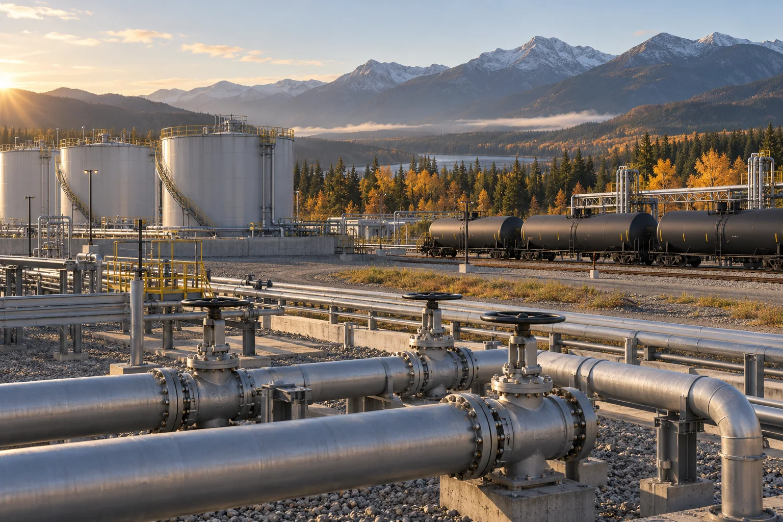 AI-generated editorial illustration of a generic oil terminal with pipelines, storage tanks and rail tank cars against a Canadian mountain landscape