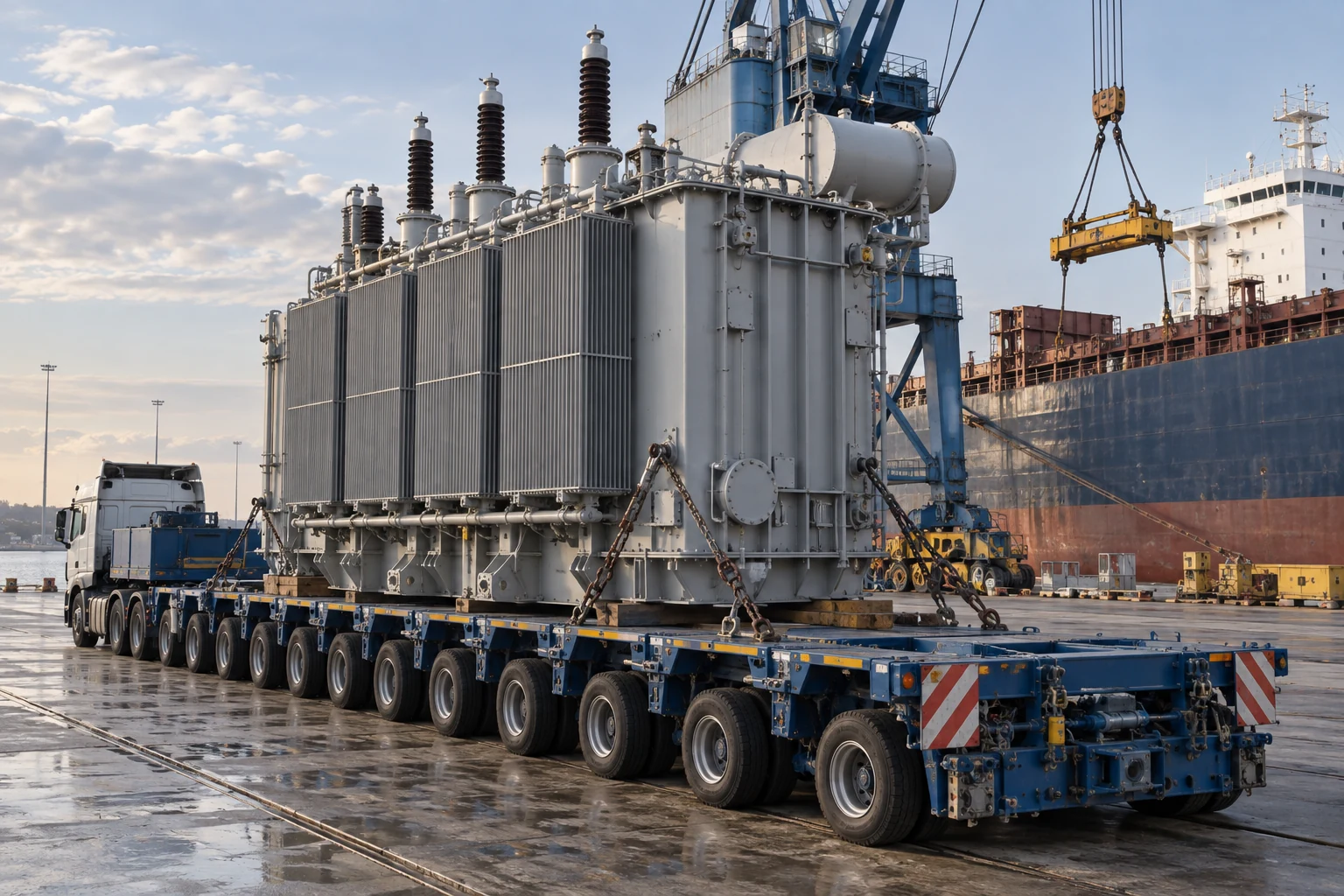 AI-generated editorial artwork: Power transformer on a heavy-haul trailer beside a port crane and freight ship