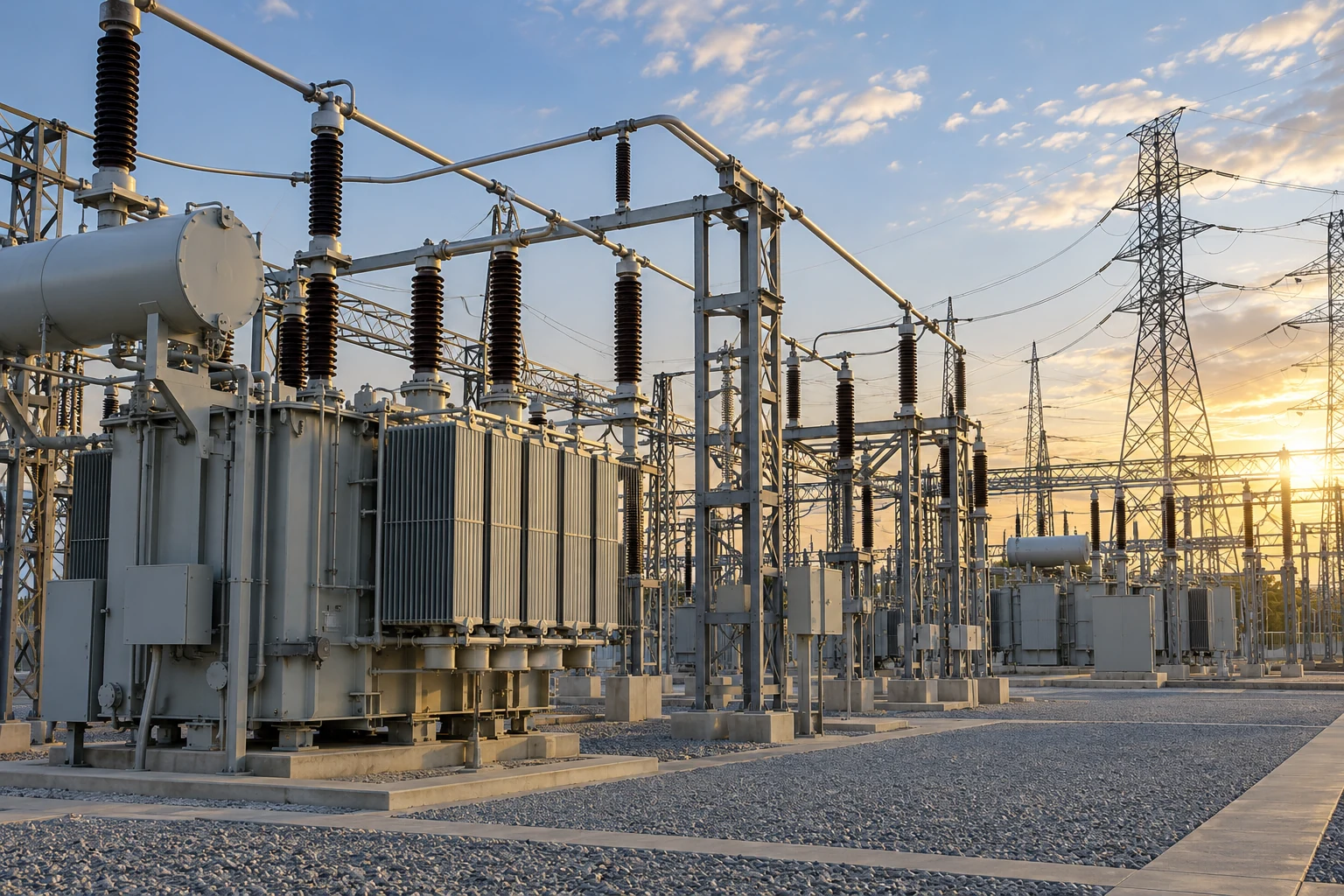 AI-generated editorial artwork: Electrical substation with power transformers and transmission lines