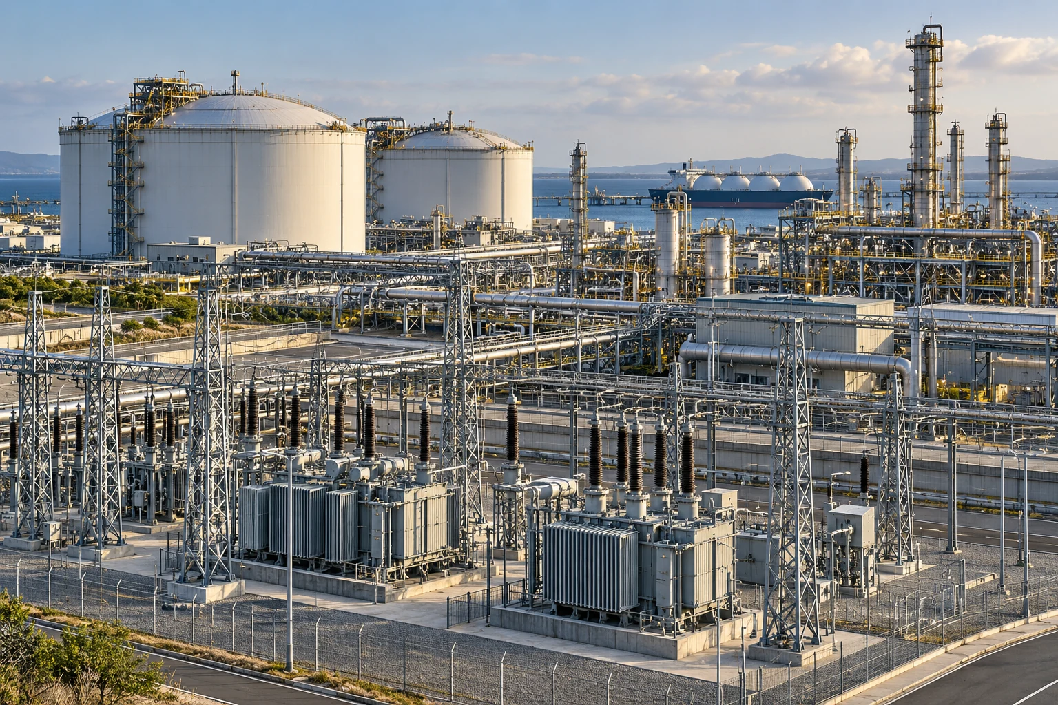 AI-generated editorial artwork: Electrical substation in front of LNG tanks and refinery pipework